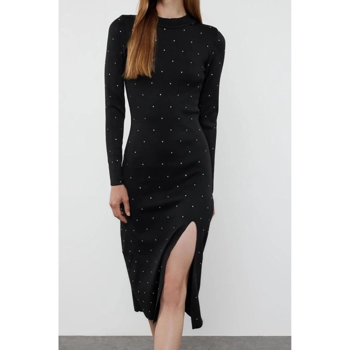 Kadın Moda Şık Midi Boy Bisiklet Yaka Regular Triko Taş İşlemeli Elbise