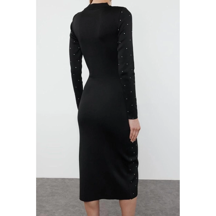 Kadın Moda Şık Midi Boy Bisiklet Yaka Regular Triko Taş İşlemeli Elbise