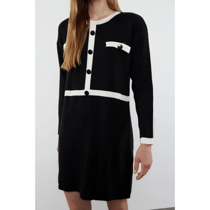 Kadın Moda Şık Mini Boy Bisiklet Yaka Regular Triko Renk Bloklu Elbise