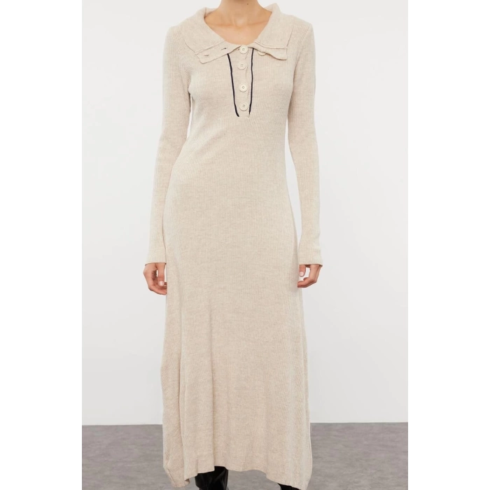 Womens Fashion Stylish Midi Length Polo Collar Regular Knitwear Striped Piping Detail Dress