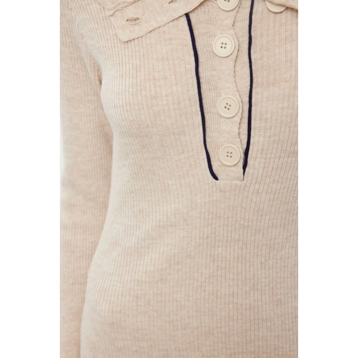 Womens Fashion Stylish Midi Length Polo Collar Regular Knitwear Striped Piping Detail Dress