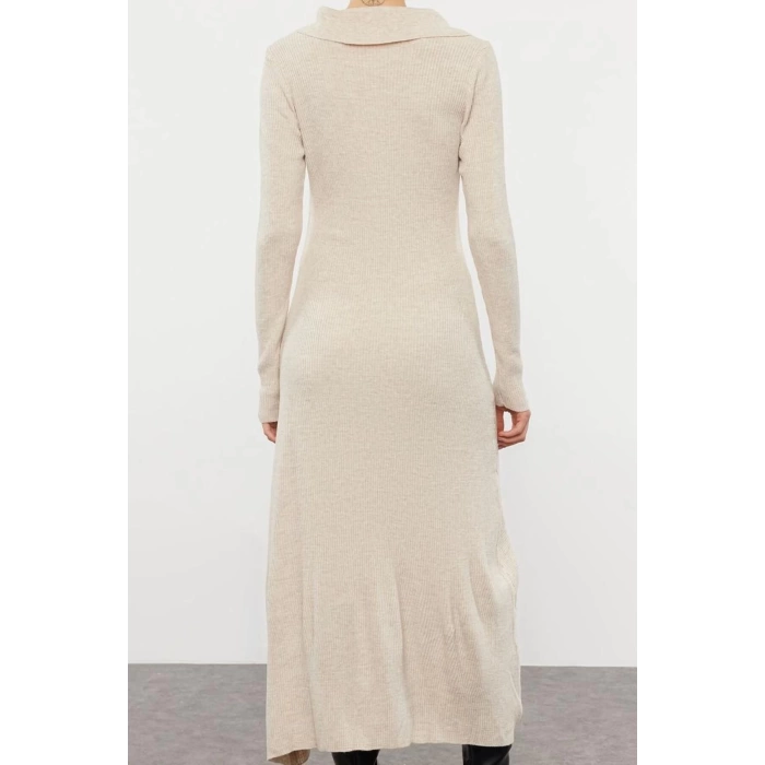Womens Fashion Stylish Midi Length Polo Collar Regular Knitwear Striped Piping Detail Dress