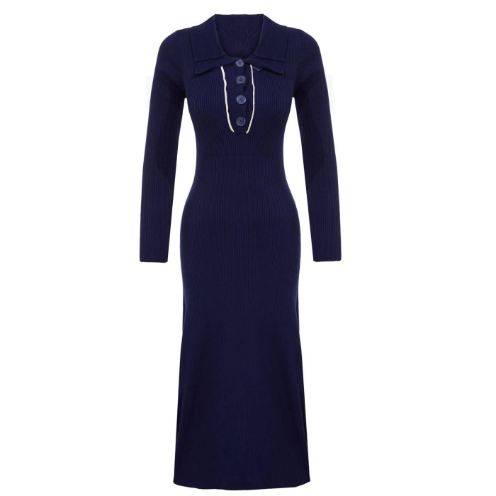 Womens Fashion Stylish Midi Length Polo Collar Regular Knitwear Striped Piping Detail Dress