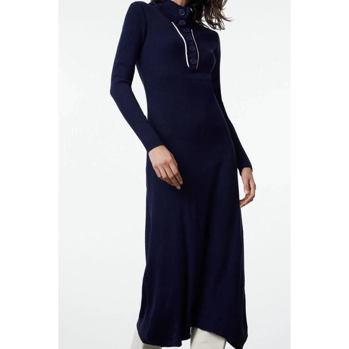 Womens Fashion Stylish Midi Length Polo Collar Regular Knitwear Striped Piping Detail Dress