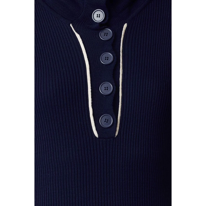 Womens Fashion Stylish Midi Length Polo Collar Regular Knitwear Striped Piping Detail Dress