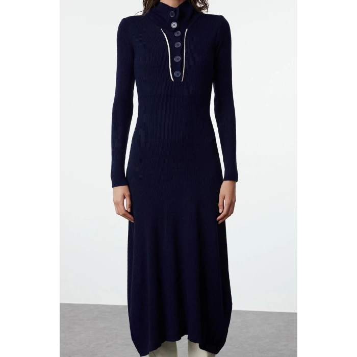 Womens Fashion Stylish Midi Length Polo Collar Regular Knitwear Striped Piping Detail Dress