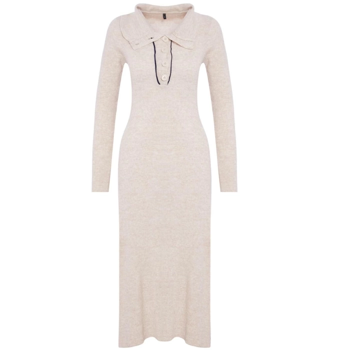 Womens Fashion Stylish Midi Length Polo Collar Regular Knitwear Striped Piping Detail Dress