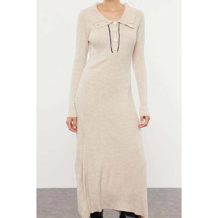 Womens Fashion Stylish Midi Length Polo Collar Regular Knitwear Striped Piping Detail Dress