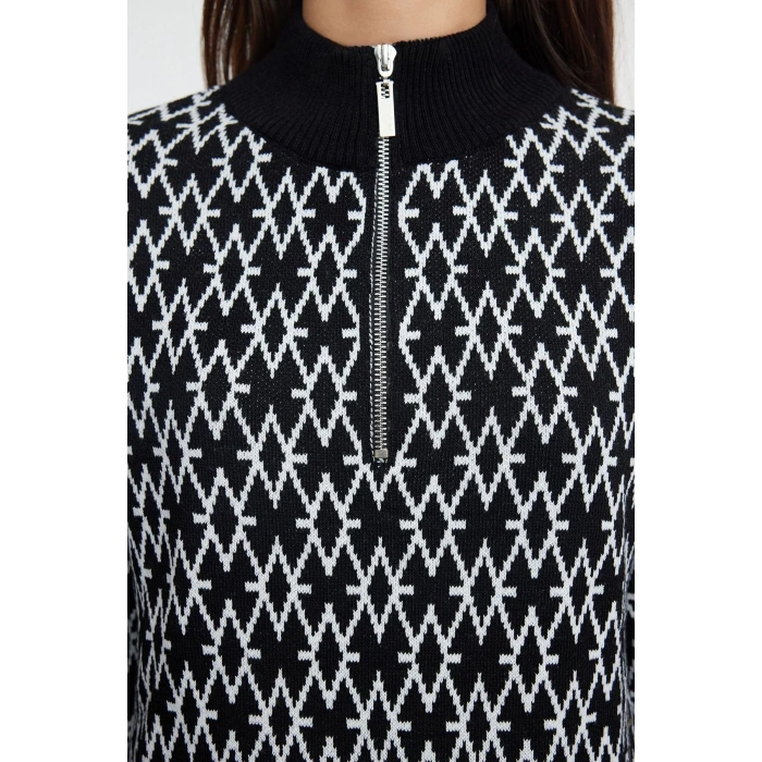 Women Fashion Stylish Mini Length Stand Collar Regular Knitwear Geometric Patterned Dress