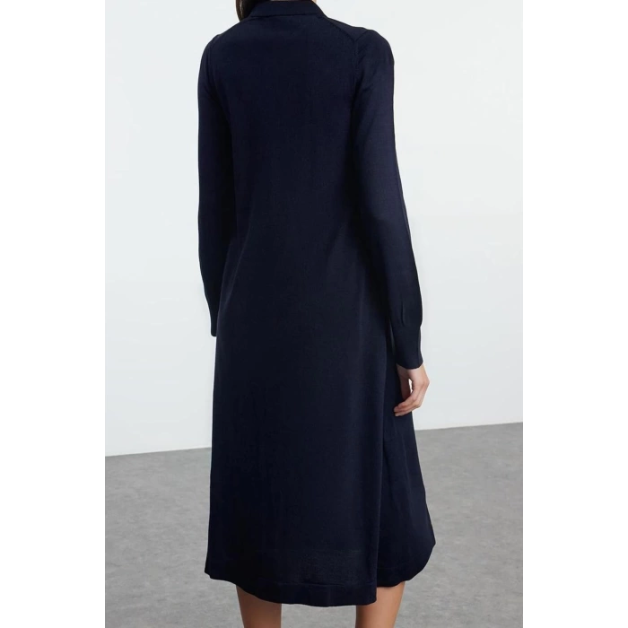 Kadın Moda Şık Midi Boy Polo Yaka Regular Triko Elbise