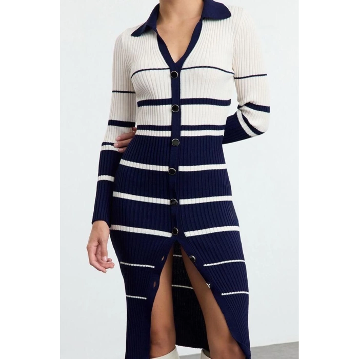Women Fashion Stylish Midi Length Polo Neck Slim Knitwear Color Block Striped Dress