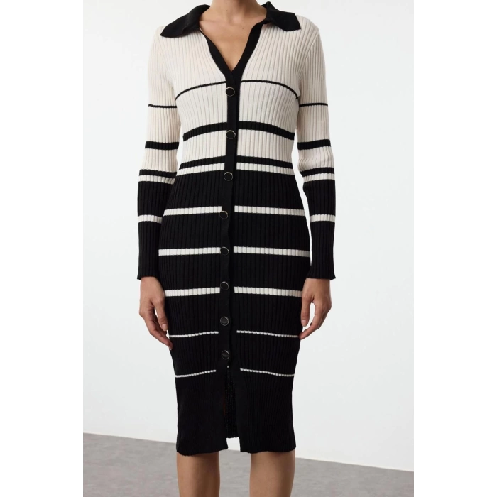 Women Fashion Stylish Midi Length Polo Neck Slim Knitwear Color Block Striped Dress