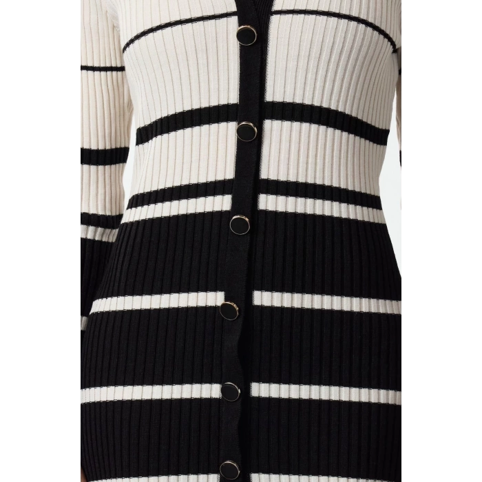 Women Fashion Stylish Midi Length Polo Neck Slim Knitwear Color Block Striped Dress