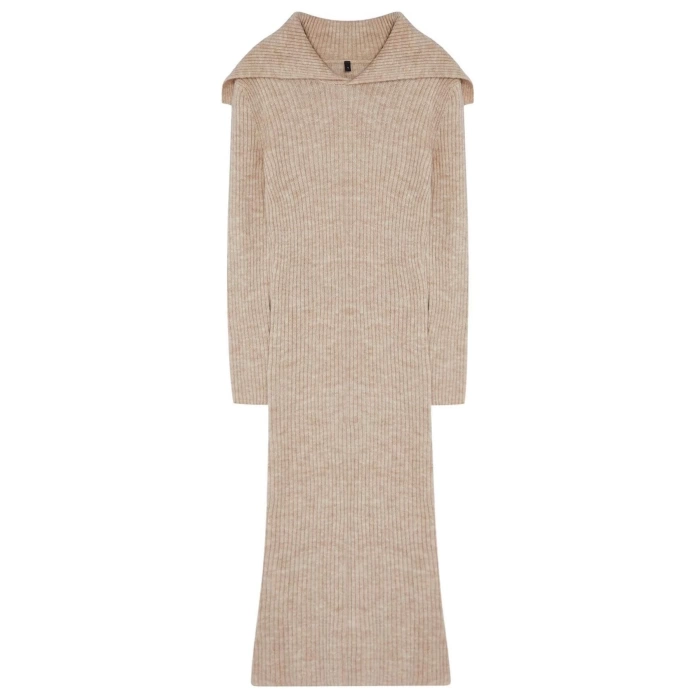 Women Fashion Stylish Midi Length Carmen Collar Regular Knitwear Soft Texture Turn-down Collar Dress
