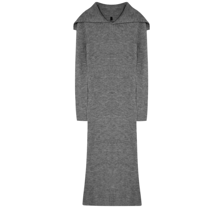 Women Fashion Stylish Midi Length Carmen Collar Regular Knitwear Soft Texture Turn-down Collar Dress
