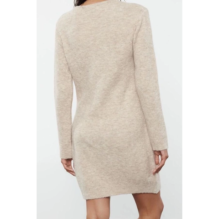 Women Fashion Stylish Mini Length Crew Neck Regular Length Knitted Woolen Dress