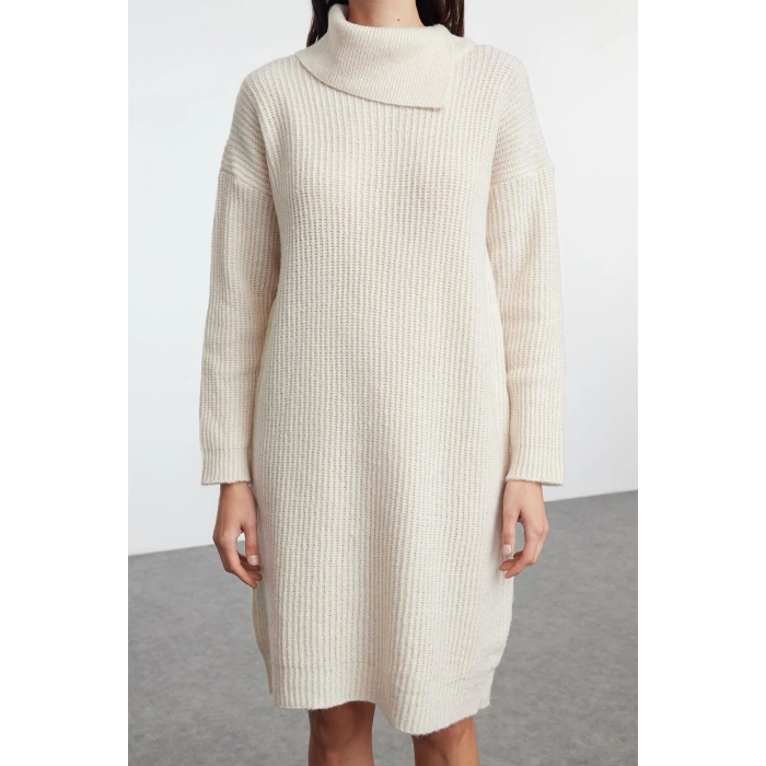 Women Fashion Stylish Mini Length Turn-down Collar Regular Knitwear Soft Texture Dress