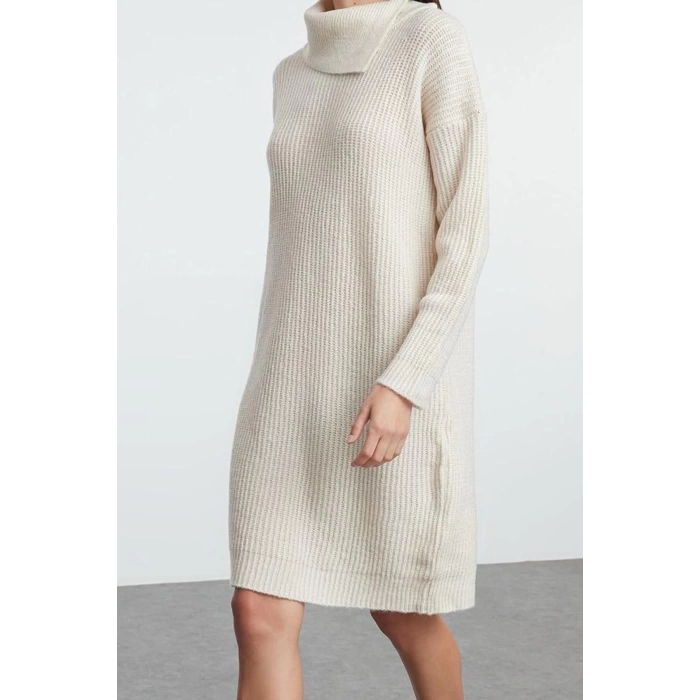 Women Fashion Stylish Mini Length Turn-down Collar Regular Knitwear Soft Texture Dress