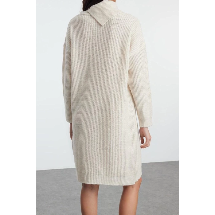 Women Fashion Stylish Mini Length Turn-down Collar Regular Knitwear Soft Texture Dress