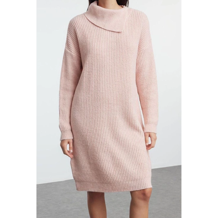 Women Fashion Stylish Mini Length Turn-down Collar Regular Knitwear Soft Texture Dress