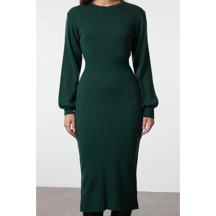 Women Fashion Stylish Midi Length Crew Neck Regular Dark Knitwear A-Line Form Fit Dress
