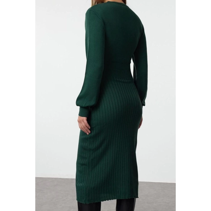 Women Fashion Stylish Midi Length Crew Neck Regular Dark Knitwear A-Line Form Fit Dress