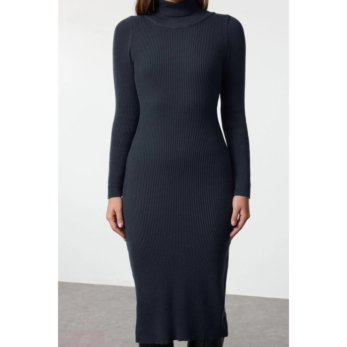 Women Fashion Stylish Midi Length Turtleneck Regular Knitwear Basic Dress
