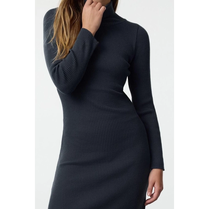Women Fashion Stylish Midi Length Turtleneck Regular Knitwear Basic Dress