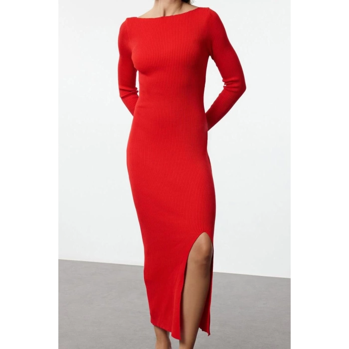Women Fashion Stylish Maxi Length Crew Neck Regular Knitted Backless Dress