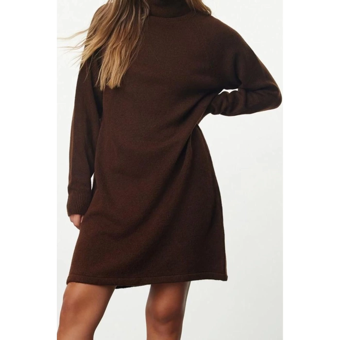 Women Fashion Stylish Mini Length Turtleneck Regular Knitwear Basic Dress