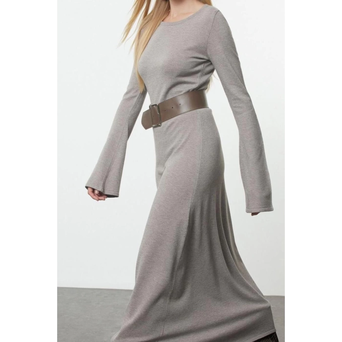 Women Fashion Stylish Maxi Length Crew Neck Regular Knitted Belted Dress