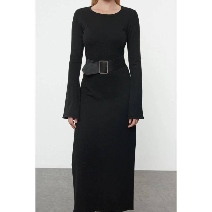 Women Fashion Stylish Maxi Length Crew Neck Regular Knitted Belted Dress