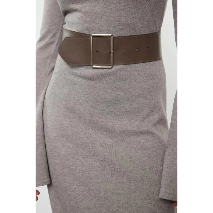 Women Fashion Stylish Maxi Length Crew Neck Regular Knitted Belted Dress