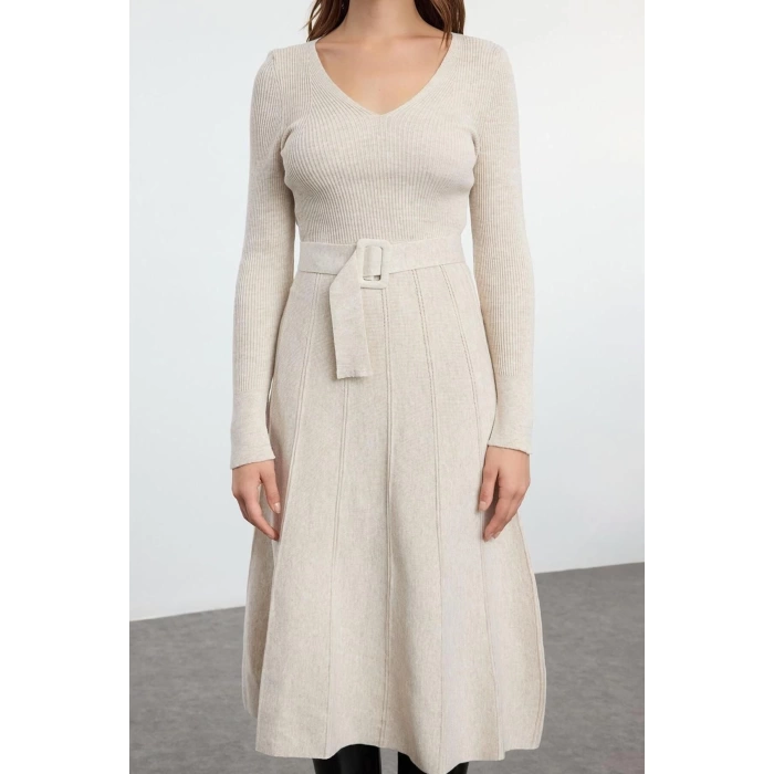 Women Fashion Stylish Midi Length V Neck Regular Knitwear Belted Flounce Dress