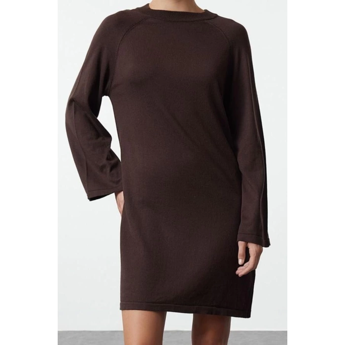 Women Fashion Stylish Mini Length Crew Neck Regular Knitwear Basic Cotton Dress
