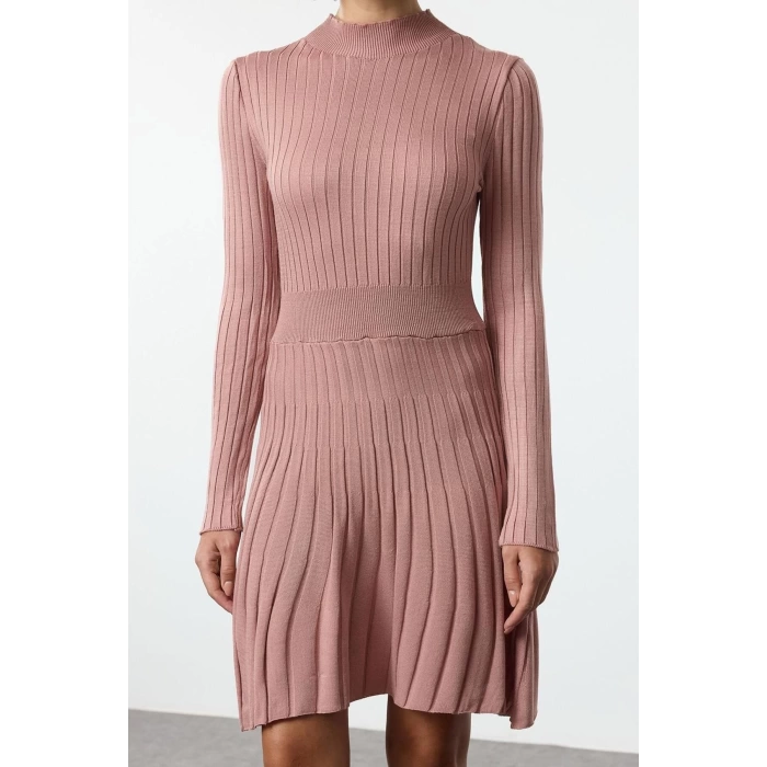 Women Fashion Stylish Mini Length Stand Collar Regular Knitwear Ruffle Dress