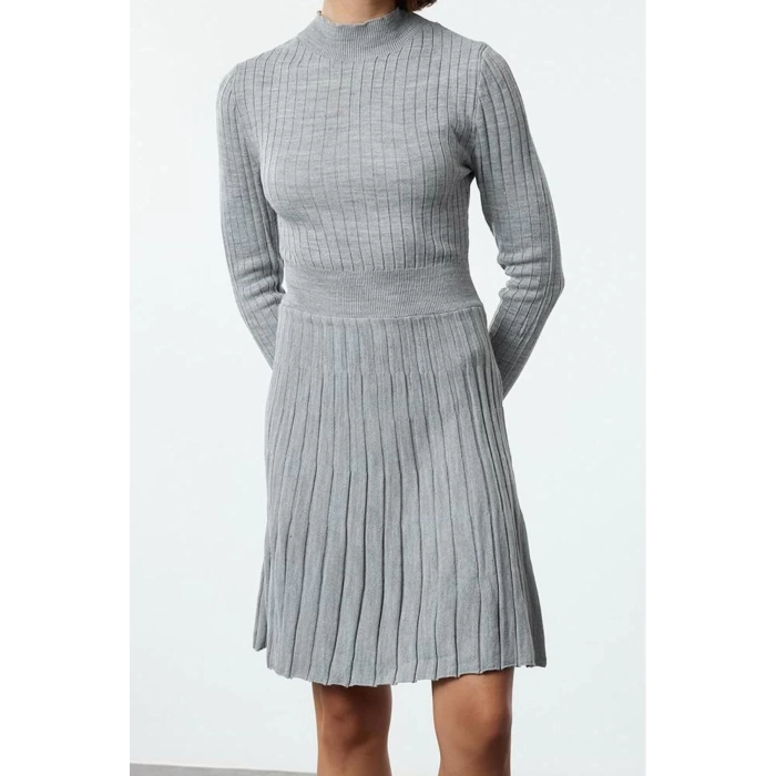 Women Fashion Stylish Mini Length Stand Collar Regular Knitwear Ruffle Dress