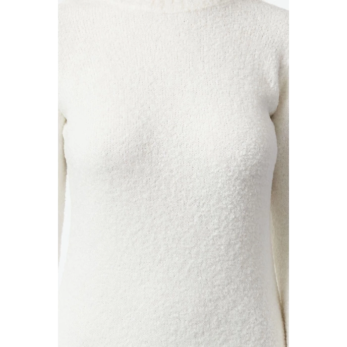 Women Fashion Stylish Midi Length Crew Neck Regular Knitwear Boucle Dress