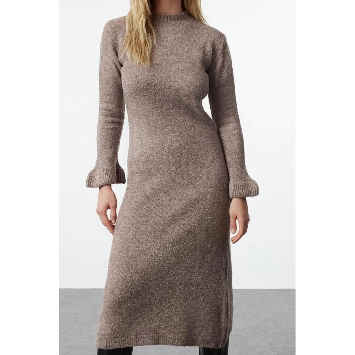 Women Fashion Stylish Midi Length Crew Neck Regular Knitwear Boucle Dress