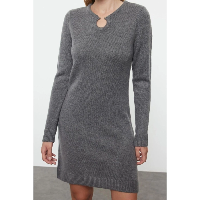 Women Fashion Stylish Mini Length V Neck Regular Knitwear Soft Texture Dress