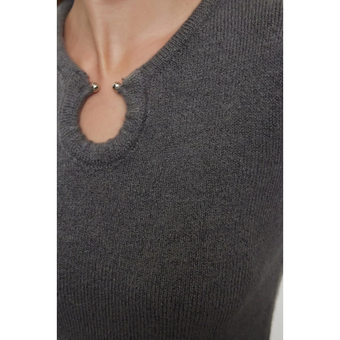 Women Fashion Stylish Mini Length V Neck Regular Knitwear Soft Texture Dress