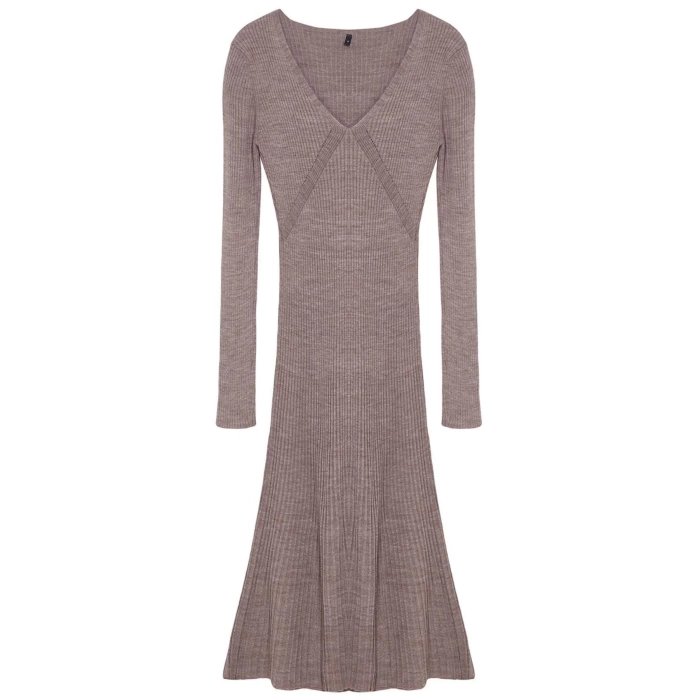 Women Fashion Stylish Midi Length V Neck Regular Knitwear Ruffle Hem Dress