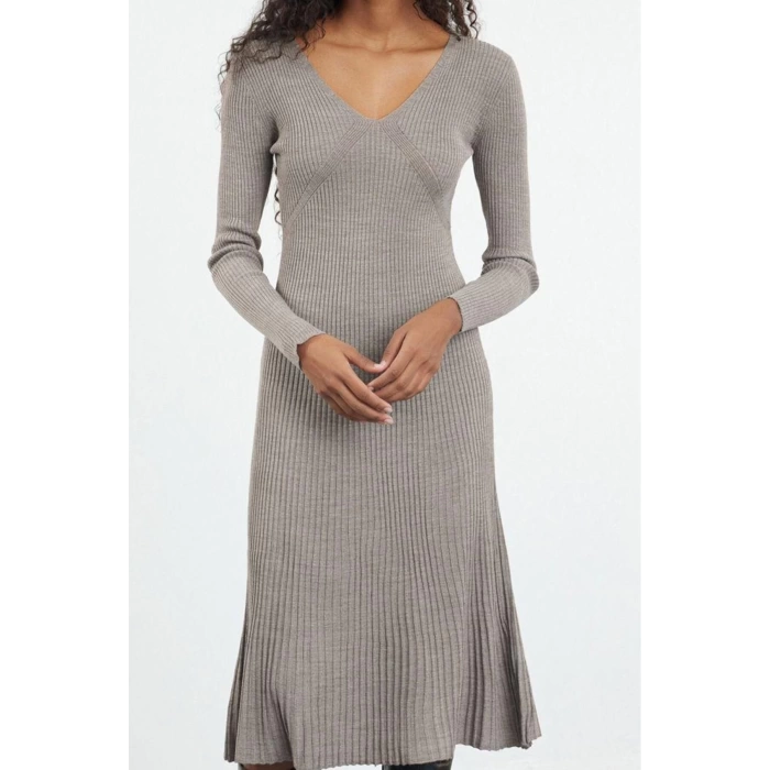 Women Fashion Stylish Midi Length V Neck Regular Knitwear Ruffle Hem Dress