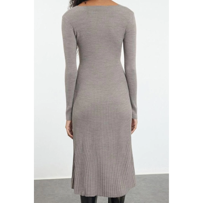Women Fashion Stylish Midi Length V Neck Regular Knitwear Ruffle Hem Dress
