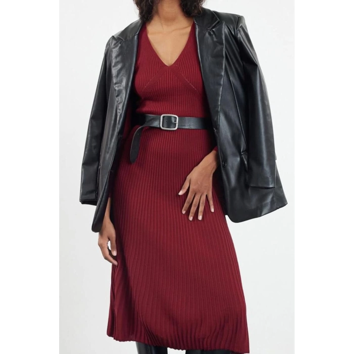 Women Fashion Stylish Midi Length V Neck Regular Knitwear Ruffle Hem Dress