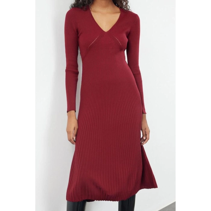 Women Fashion Stylish Midi Length V Neck Regular Knitwear Ruffle Hem Dress
