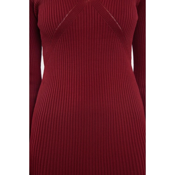Women Fashion Stylish Midi Length V Neck Regular Knitwear Ruffle Hem Dress
