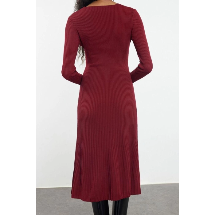 Women Fashion Stylish Midi Length V Neck Regular Knitwear Ruffle Hem Dress