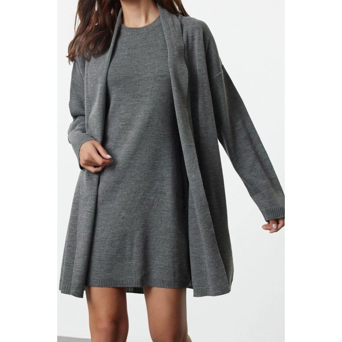 Women Fashion Stylish Mini Length Crew Neck Regular Knitted Dress-Cardigan