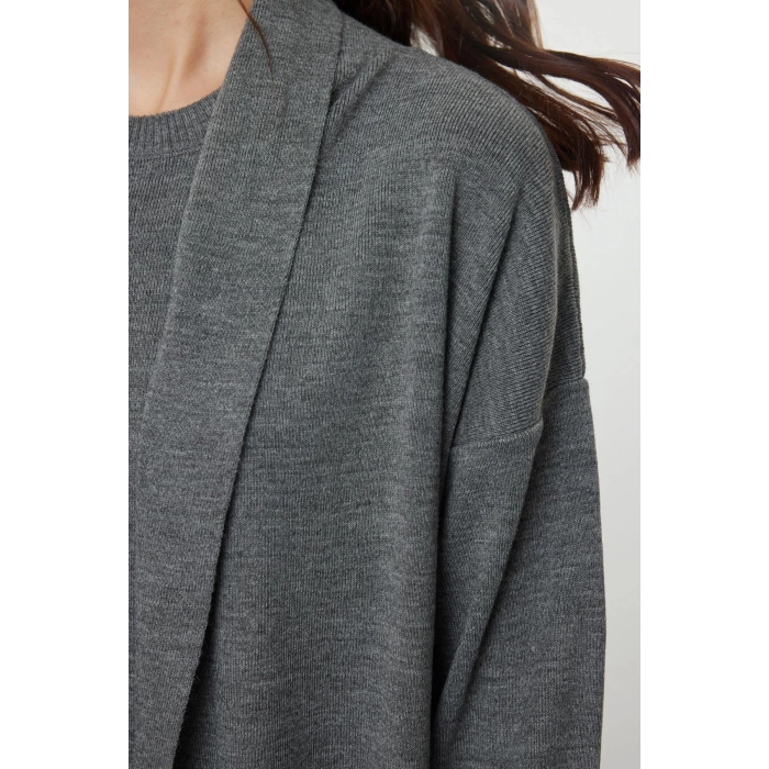 Women Fashion Stylish Mini Length Crew Neck Regular Knitted Dress-Cardigan